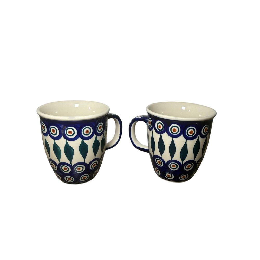 Vintage Pair Of Boleslawiec Handmade Polish Pottery Peacock Eye Coffee Mugs